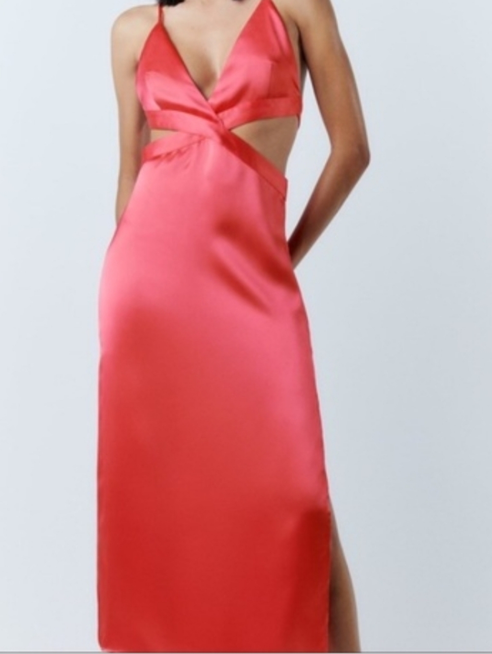 NWT Zara Fuschia Satin Effect Cut Out Halter Dress    Size XS